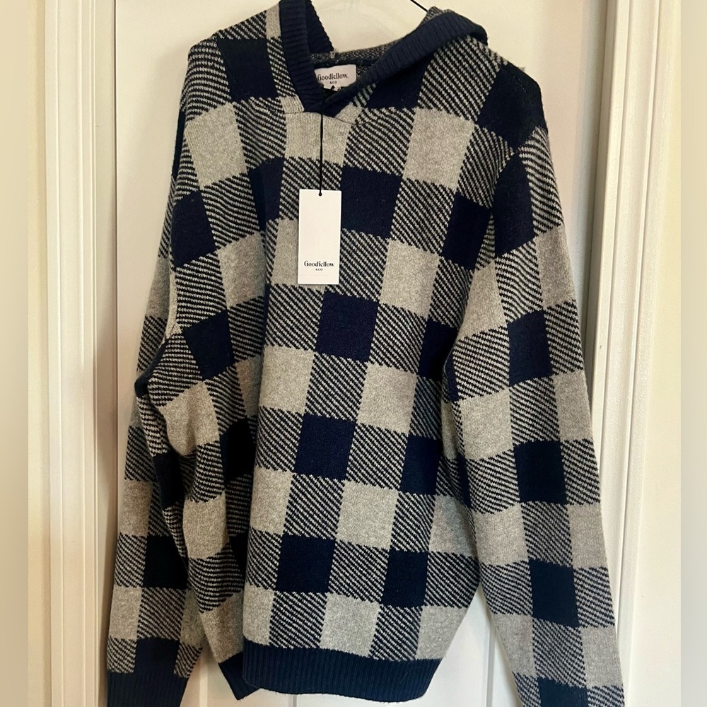 Goodfellow & Co. men's plaid navy blue and gray hooded pullover sweater L